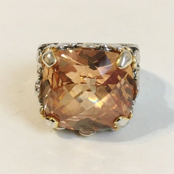 Amber Orange Stone Ring Ornate 18KGE Silver Gold - Picture 2 of 8